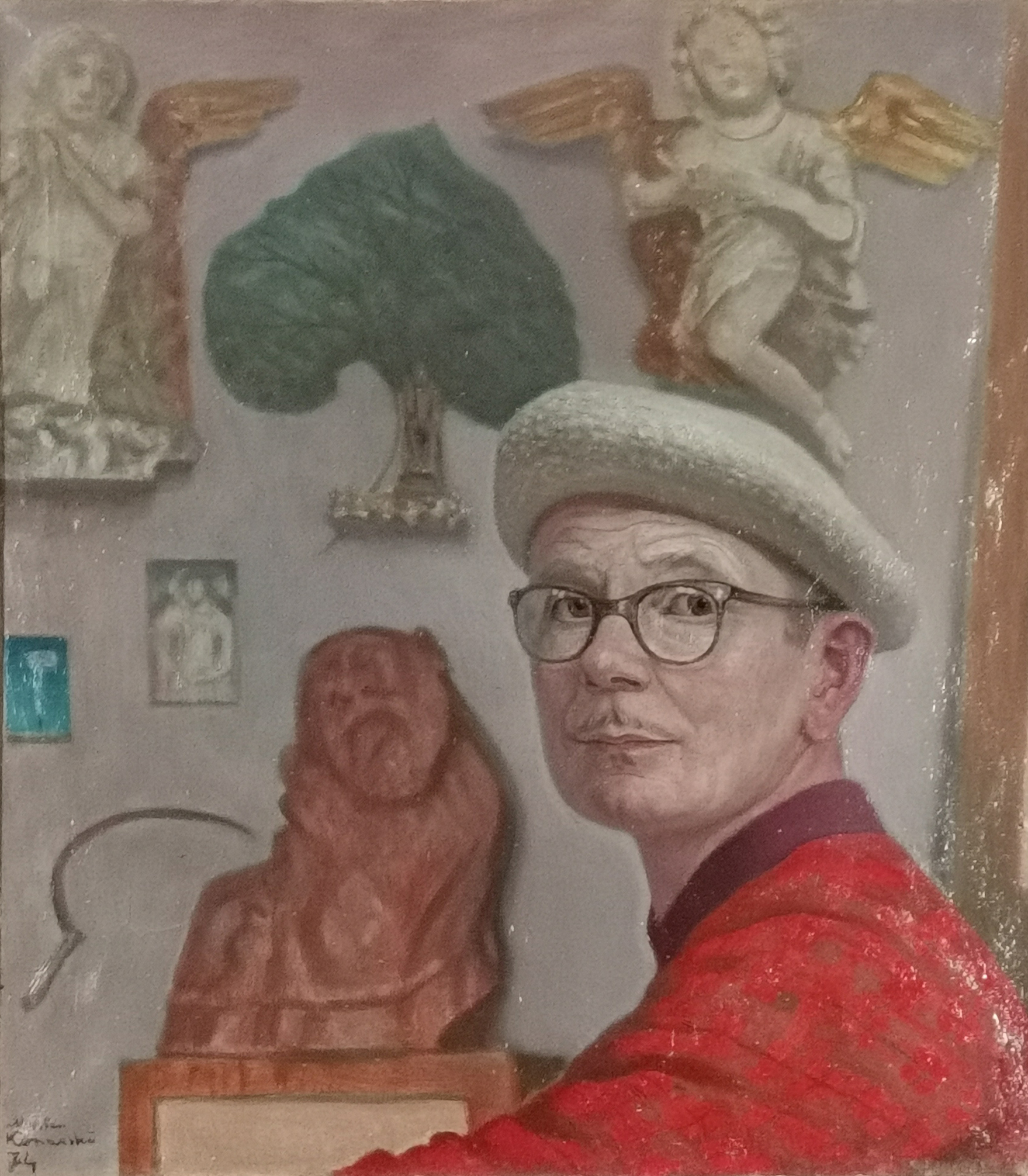 Autoportret w pracowni na tle rzeźb, 1974